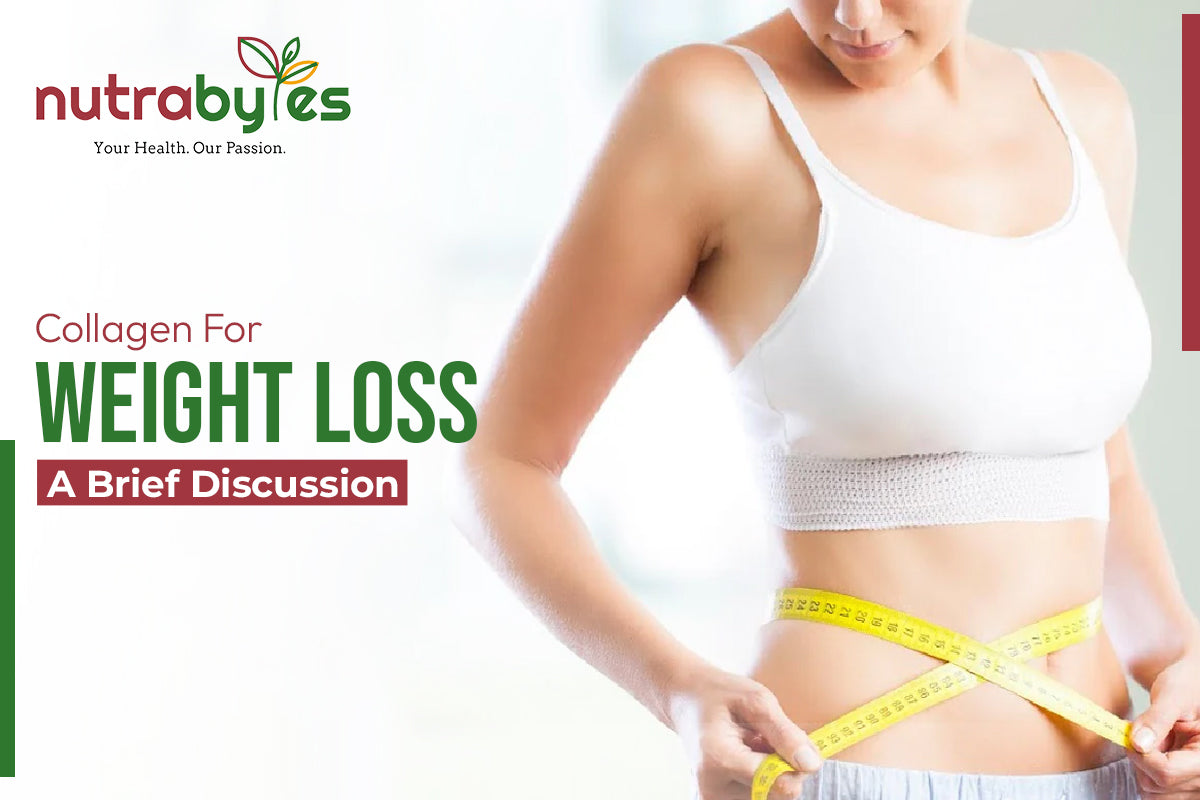 Image of a fit woman in a white sports bra measuring her waist with a tape measure. Promoting the benefits of collagen for weight management and healthy living.