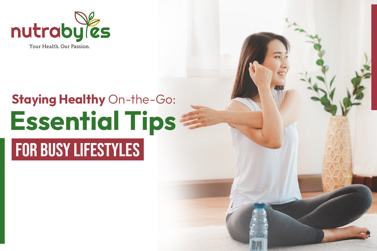 A woman stretching at home with a water bottle nearby. Text overlay reads: "Staying Healthy on the go"