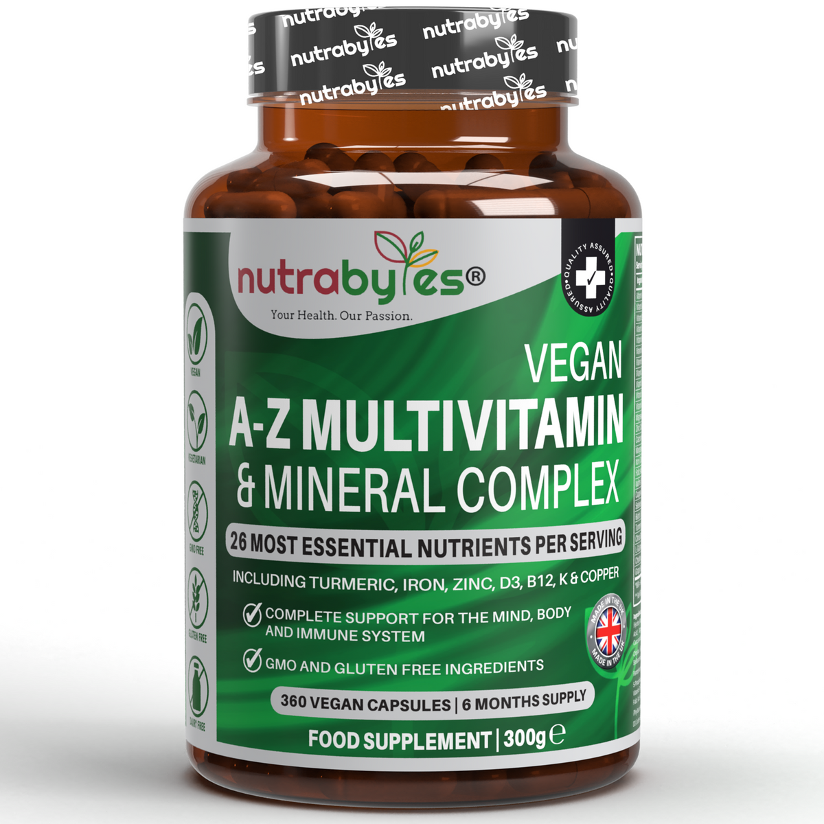 Vegan A-Z Multivitamin & Mineral Complex (26 Essential Nutrients), 360 Capsules (6 months) | Healthy Mind, Body and Immune System | Made in the UK