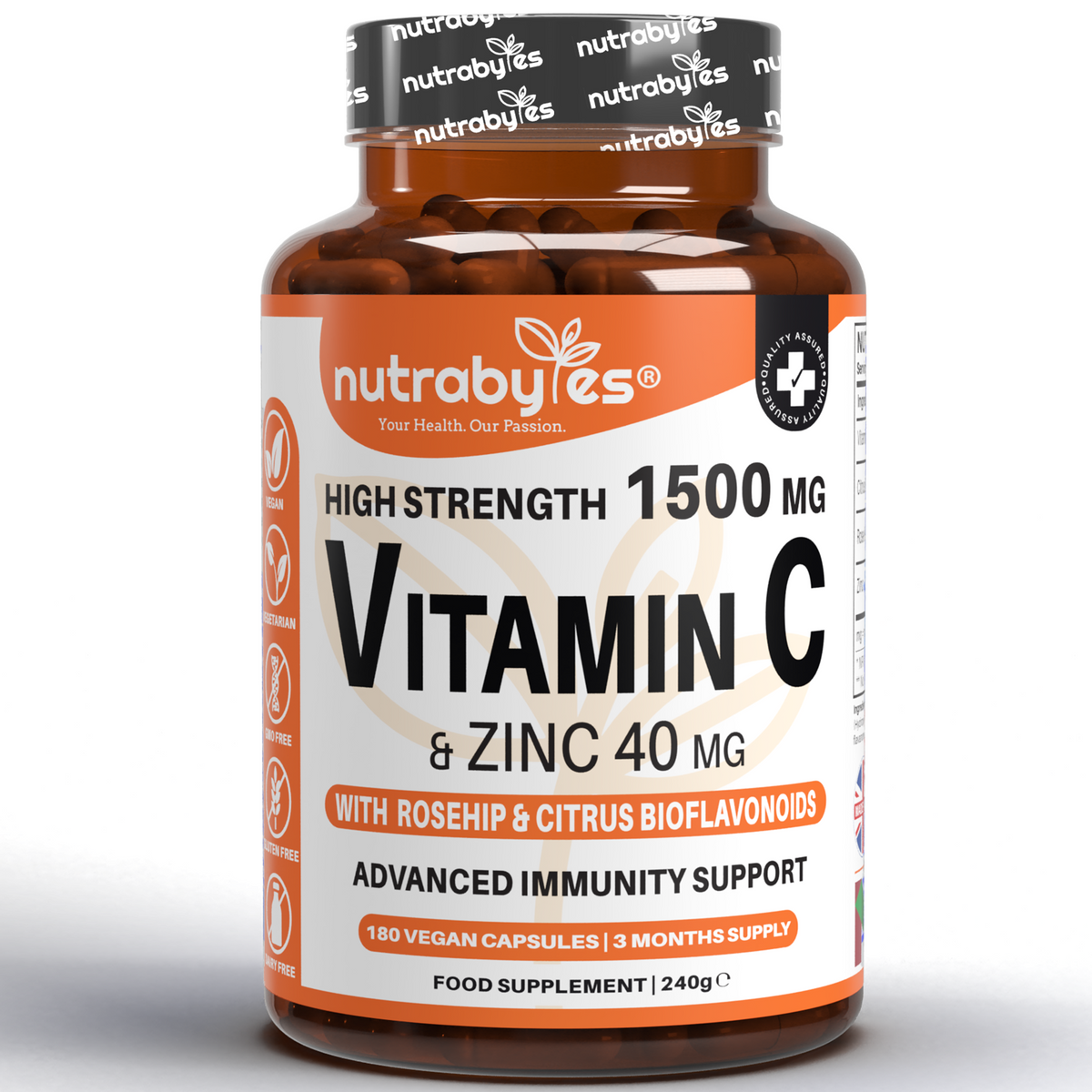 A container containing High Strength Vitamin C  & Zinc 40mg capsules