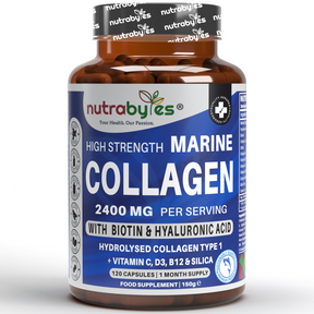This image contains a bottle of High Strength Marine Collagen 2400mg with biotin and hyaluronic acid supplements.