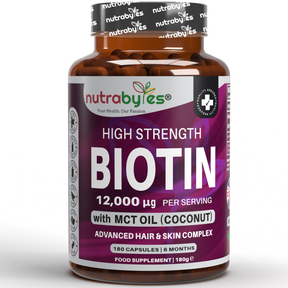 a plastic container containing high strength collagen with biotin
