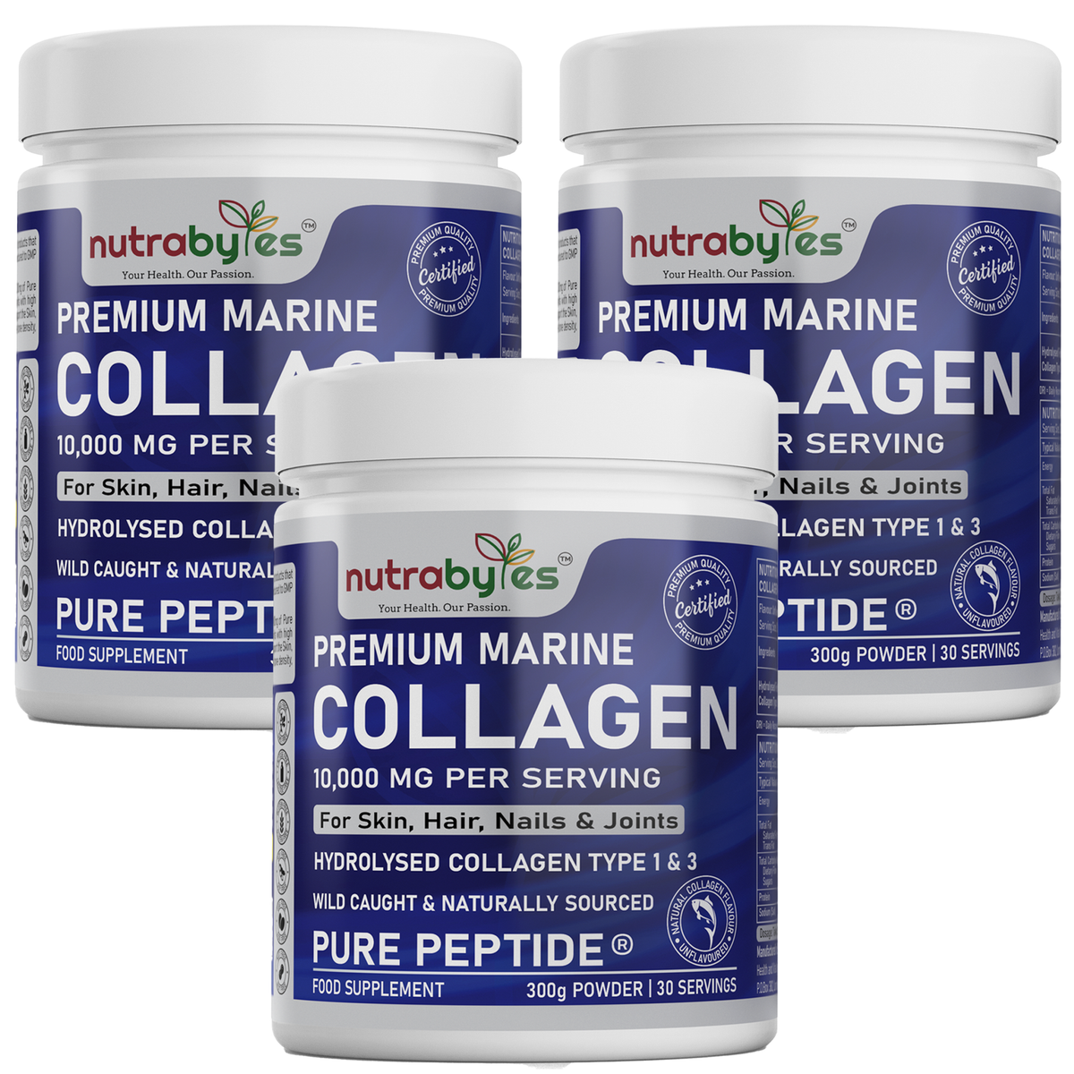 Premium Marine Collagen Powder 10,000mg Pure Hydrolysed Peptides, 19 Amino Acids, Unflavoured (Collagen Types 1 and 3) (900 grams | 3 Pack)