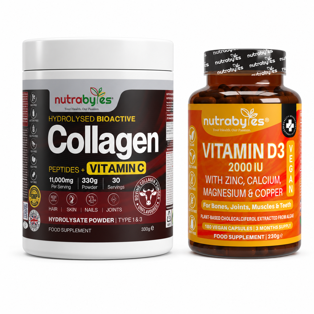 Gut Health Starter Bundle with Collagen and Vitamin C powder and Vitamin D3 mineral capsules side by side on white