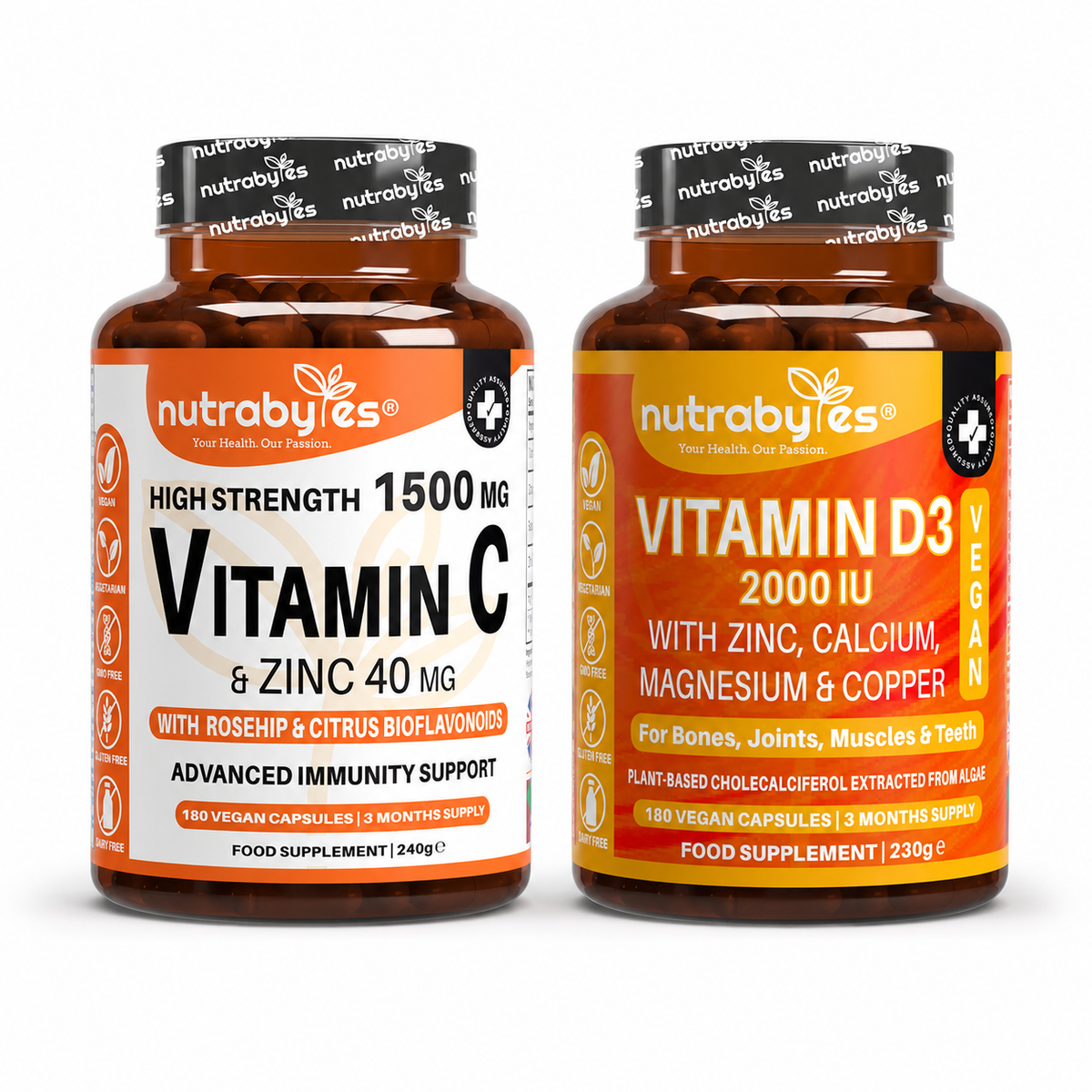 The Daily Immunity Bundle with Vitamin C and Zinc plus Vitamin D3 bottles on white