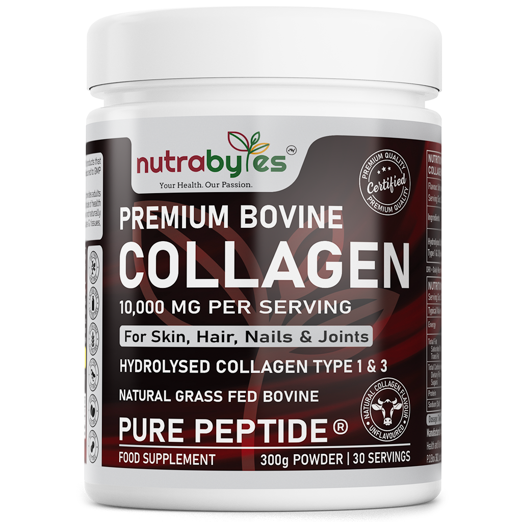 This image shows a plastic container containing premium bovine collagen powder