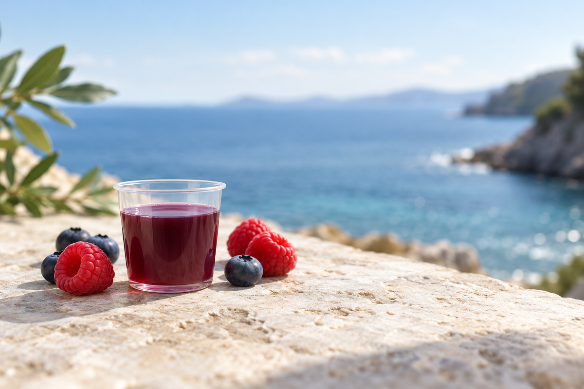 Illustrative berry-coloured liquid serving beside berries with a coastal background