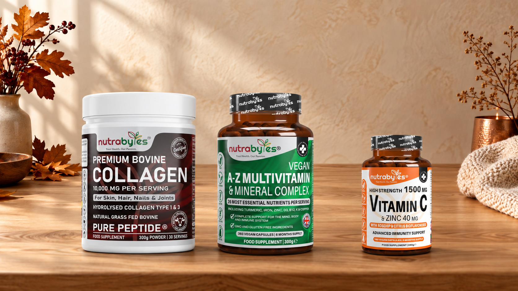 Nutrabytes Autumn Reset hero with Bovine Collagen powder, Vegan A-Z and Vitamin C in an autumn setting