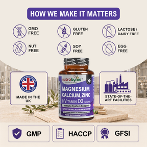 Magnesium, Calcium, Zinc & Vitamin D3 (Vegan D3) | Advanced Immunity Support | 6 Months Supply | Made in the UK