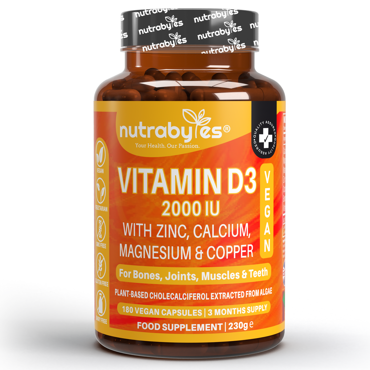 Nutrabytes Vitamin D3 2000 IU Supplement with Zinc, Calcium, Magnesium, and Copper - 180 Vegan Capsules for Bones, Joints, Muscles, and Teeth.