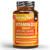 Nutrabytes Vitamin D3 2000 IU Supplement with Zinc, Calcium, Magnesium, and Copper - 180 Vegan Capsules for Bones, Joints, Muscles, and Teeth.