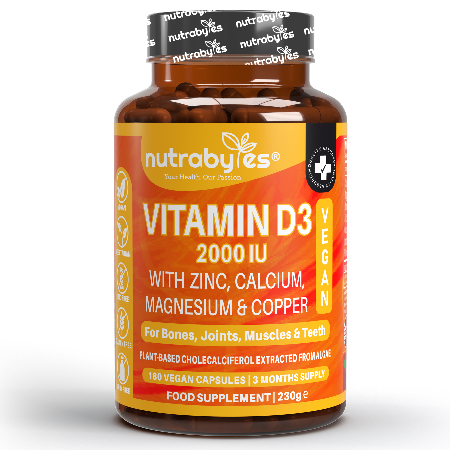 Nutrabytes Vitamin D3 2000 IU Supplement with Zinc, Calcium, Magnesium, and Copper - 180 Vegan Capsules for Bones, Joints, Muscles, and Teeth.