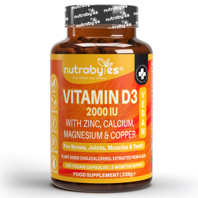 Nutrabytes Vitamin D3 2000 IU Supplement with Zinc, Calcium, Magnesium, and Copper - 180 Vegan Capsules for Bones, Joints, Muscles, and Teeth.