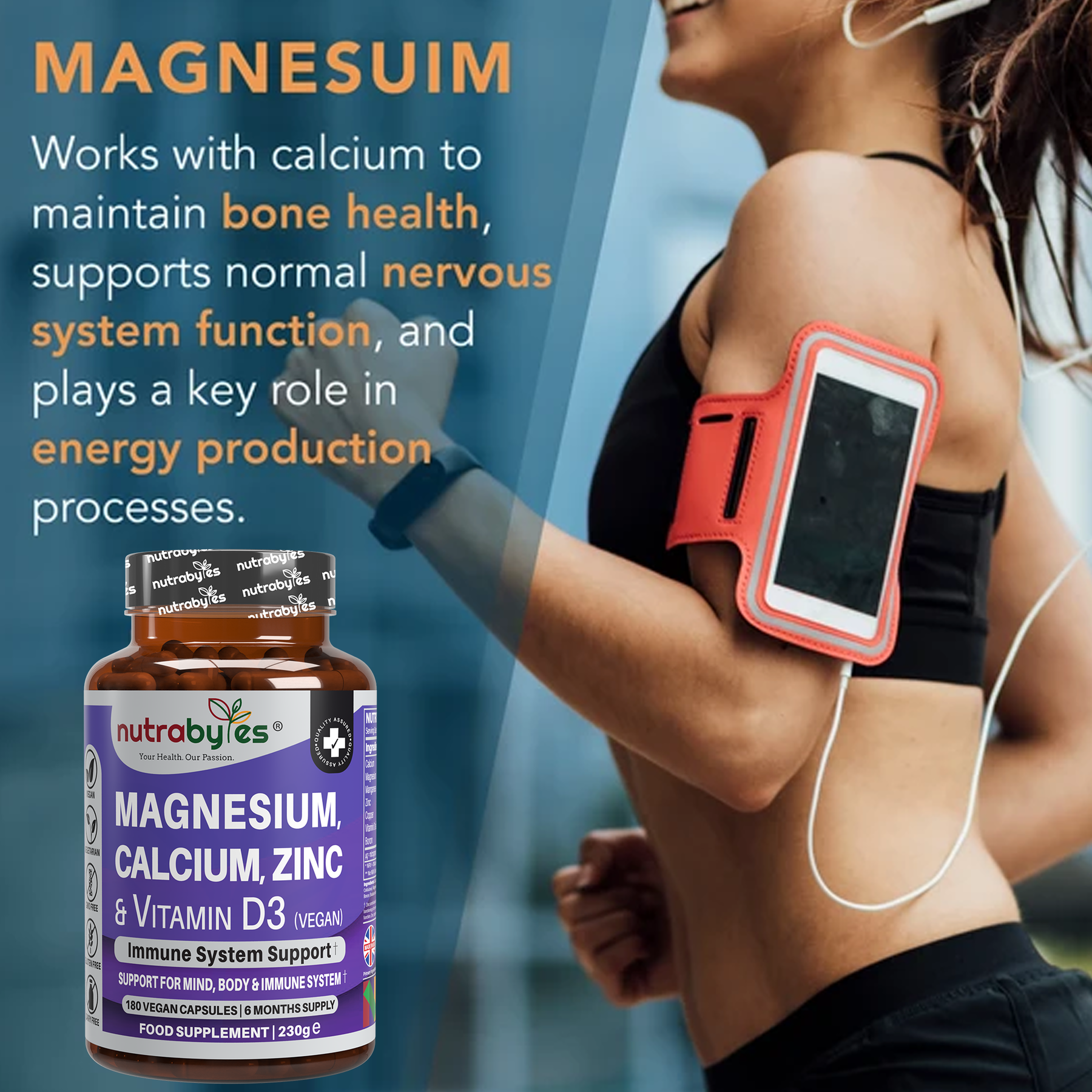 Magnesium, Calcium, Zinc & Vitamin D3 (Vegan D3) - Advanced Immunity Support, 6 Months Supply | Made in the UK