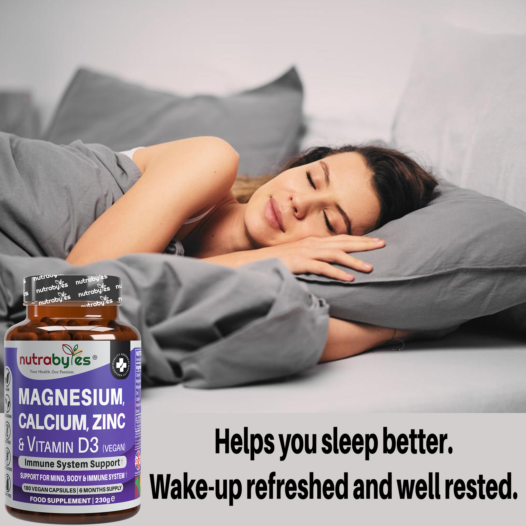 Magnesium, Calcium, Zinc & Vitamin D3 (Vegan D3) - Advanced Immunity Support, 6 Months Supply | Made in the UK