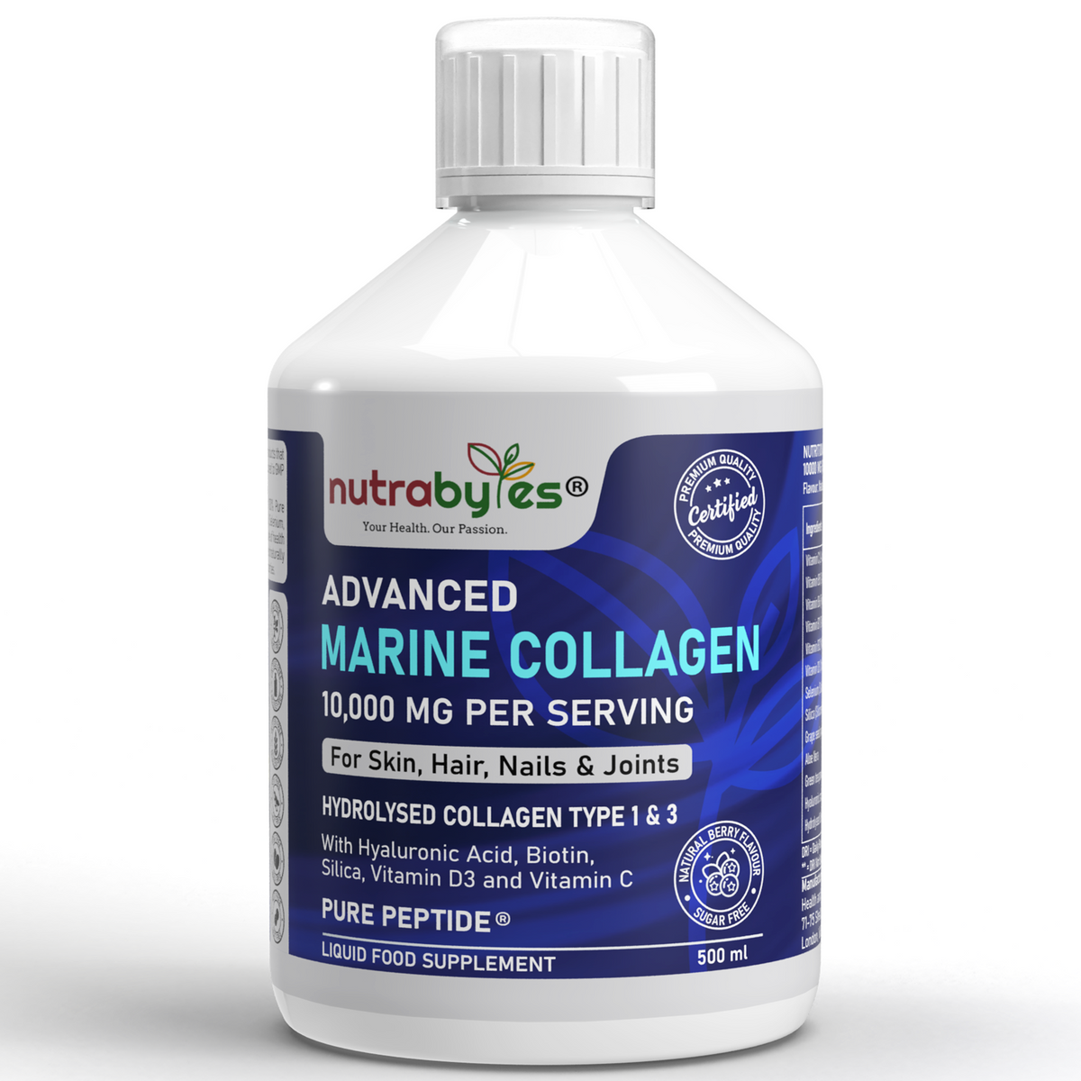 A plastic bottle containing advanced liquid marine collagen 10,000 MG  for skin, hair and joints