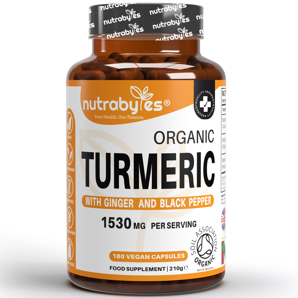 This image shows a bottle of organic turmeric with ginger and black pepper supplements