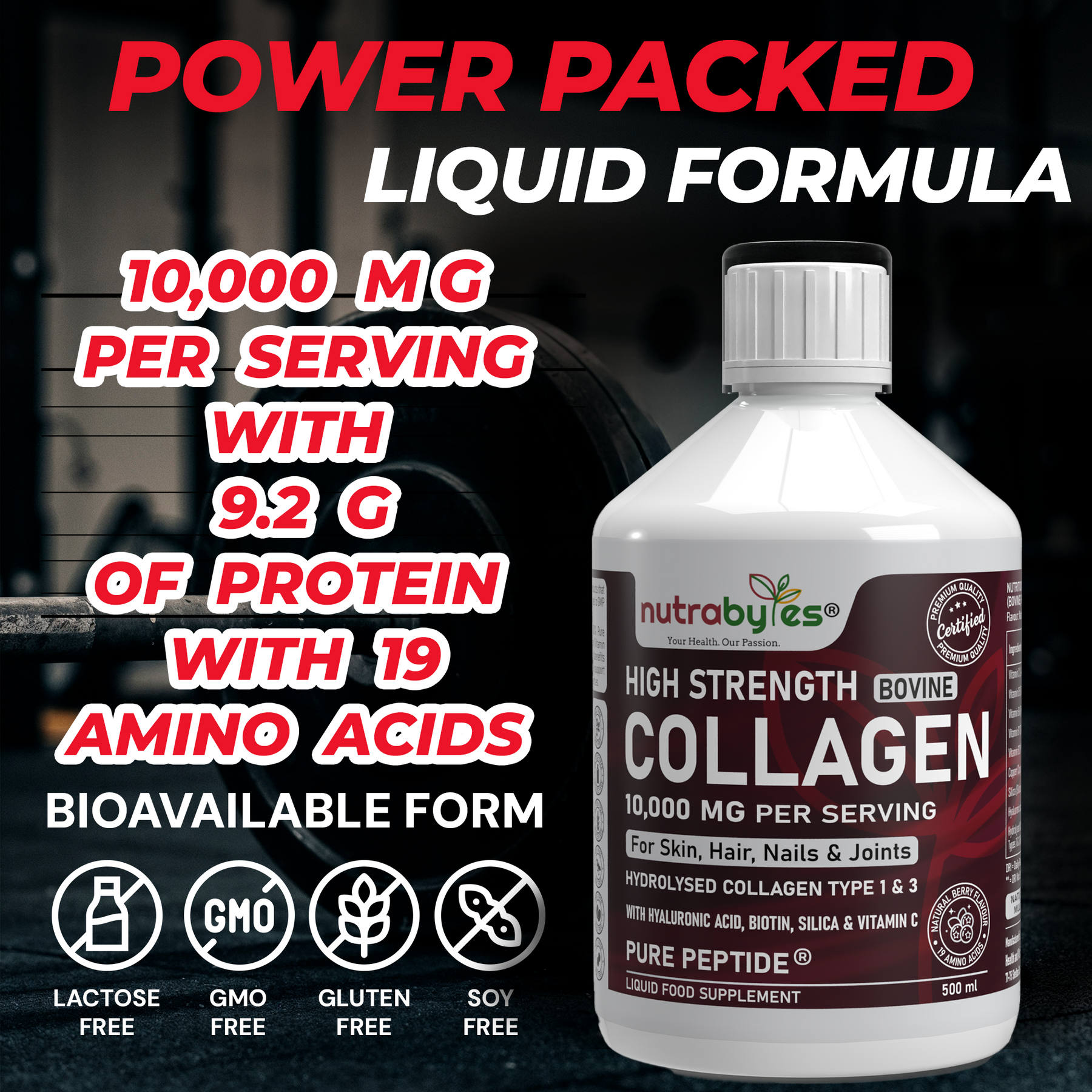 High-Strength Liquid Bovine Collagen Supplement for Women and Men, 10,000 mg Liquid Collagen with Hyaluronic Acid and Vitamin C, 19 Amino Acids,  Collagen Types 1 and 3, Berry Flavoured, Halal & Kosher certified
