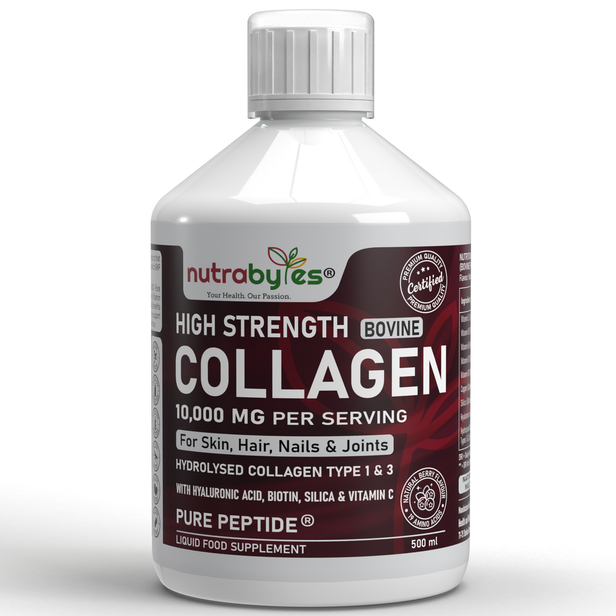 This image shows a plastic container containing high strength bovine collagen 10,000 MG tablets for skin,hair,nails & joints.