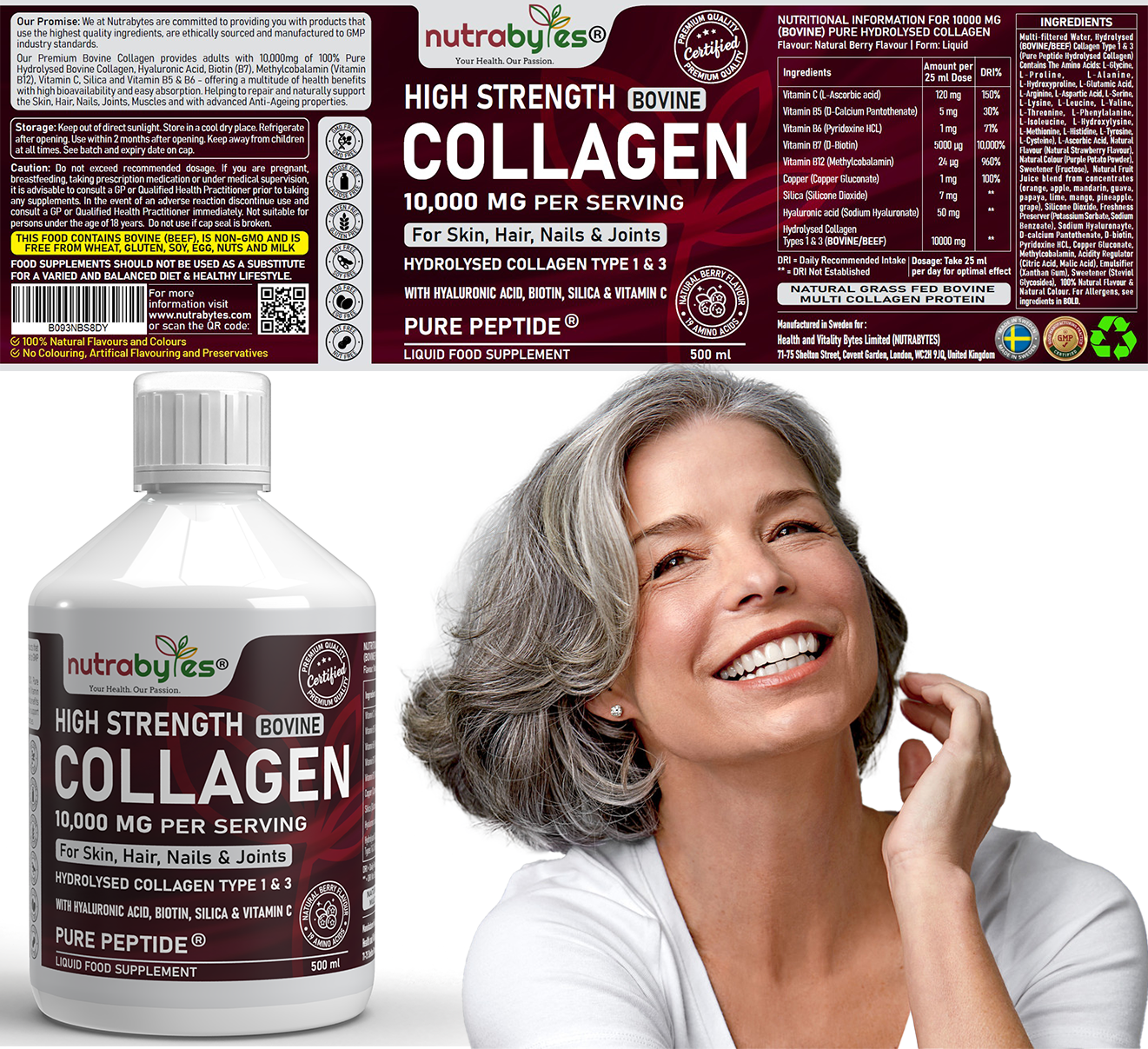 High-Strength Liquid Bovine Collagen Supplement for Women and Men, 10,000 mg Liquid Collagen with Hyaluronic Acid and Vitamin C, 19 Amino Acids,  Collagen Types 1 and 3, Berry Flavoured, Halal & Kosher certified