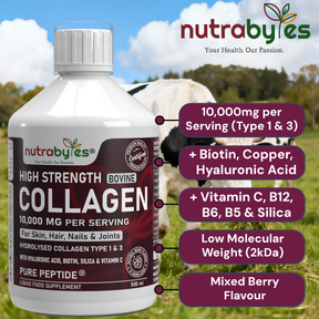 High-Strength Liquid Bovine Collagen Supplement for Women and Men, 10,000 mg Liquid Collagen with Hyaluronic Acid and Vitamin C, 19 Amino Acids,  Collagen Types 1 and 3, Berry Flavoured, Halal & Kosher certified