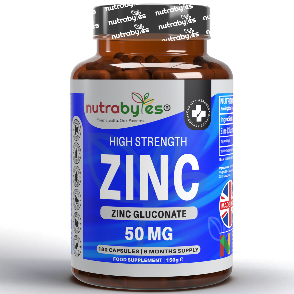 Zink (Gluconat) 50 mg | 180 vegane Kapseln | 6 Monate Vorrat | Maximale Stärke, reine Zinkkapseln | Immun-, Augen- und Hautgesundheit | Hergestellt in Großbritannien