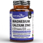 This image contains a plastic bottle containing magnesium, calcium, zinc and vitamin D3 (vegan) advanced immunity support supplements.