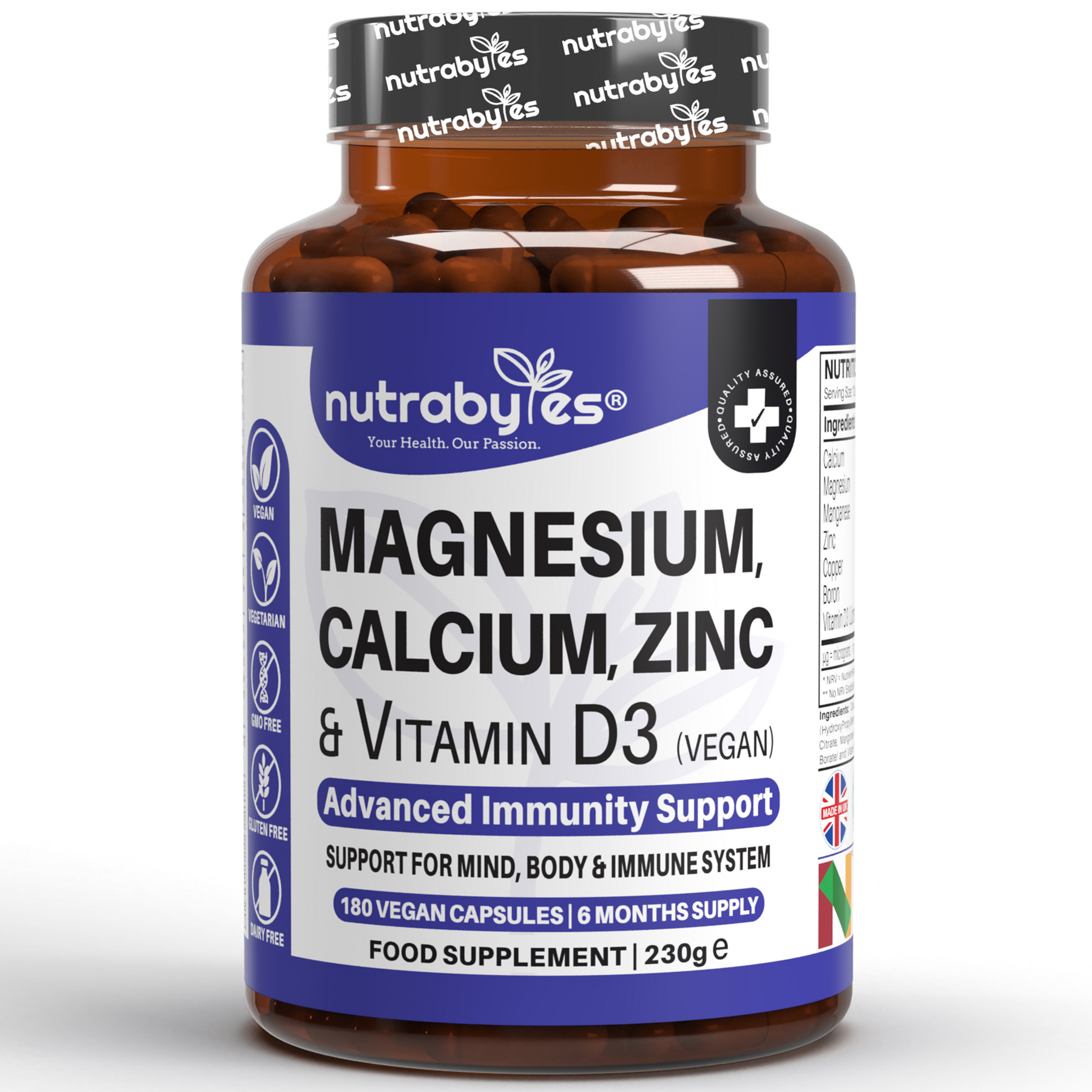 This image contains a plastic bottle containing magnesium, calcium, zinc and vitamin D3 (vegan) advanced immunity support supplements.