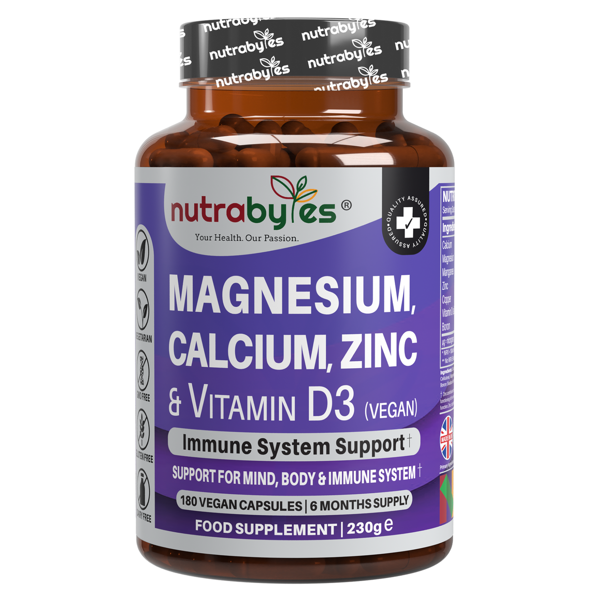 Magnesium, Calcium, Zinc & Vitamin D3 (Vegan D3) - Advanced Immunity Support, 6 Months Supply | Made in the UK
