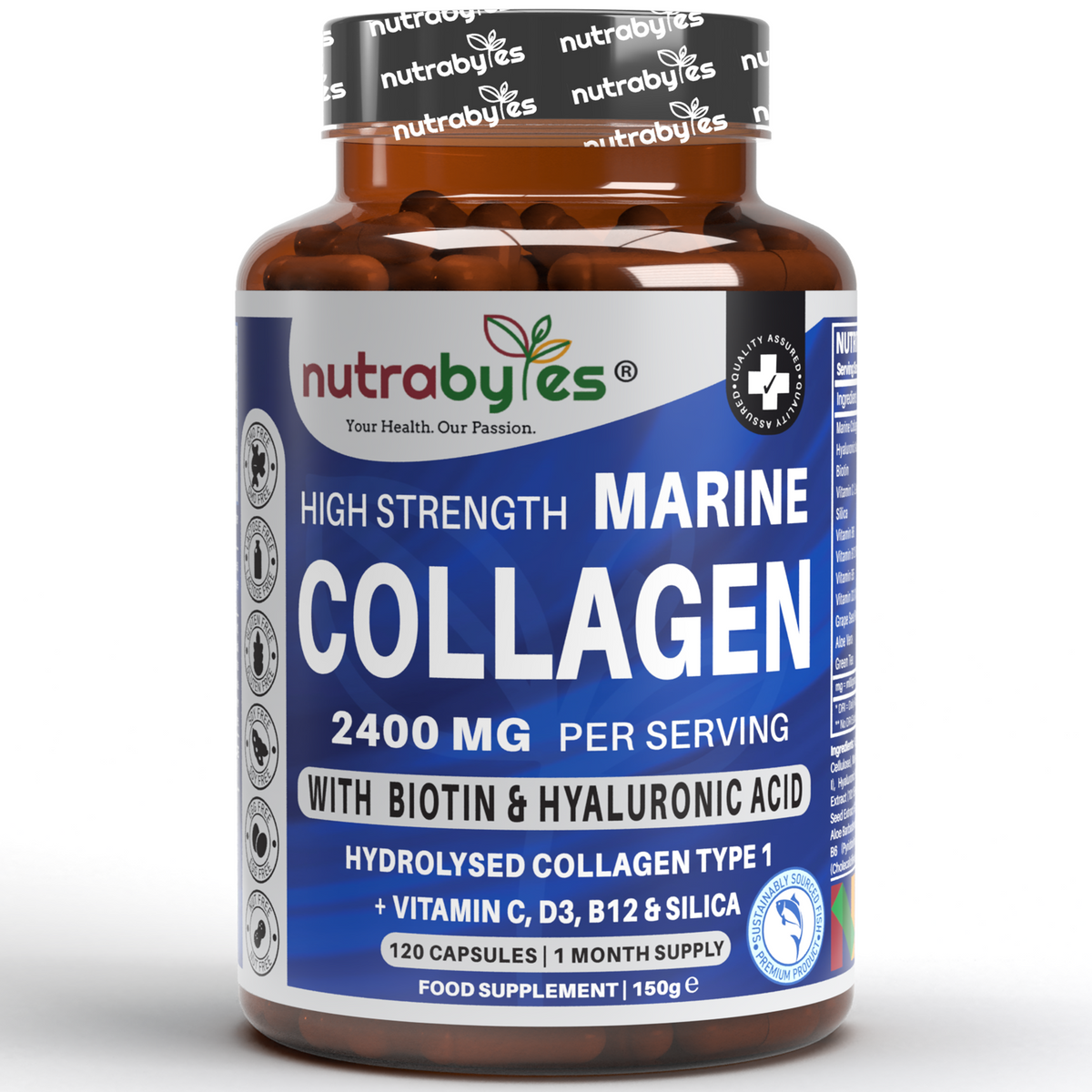 Meereskollagen-Komplex (Kapseln), 2400 mg hydrolysiertes Meereskollagen (Typ 1), Hyaluronsäure, Biotin, Kieselerde, Vitamin C, D3, B6 und B12 | Vereinigtes Königreich