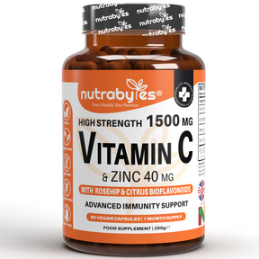 ﻿Cápsulas de vitamina C y zinc de alta potencia | Vitamina C 1500mg Zinc 40mg | Mejorado con rosa mosqueta y bioflavonoides cítricos | Suministro para 1 mes