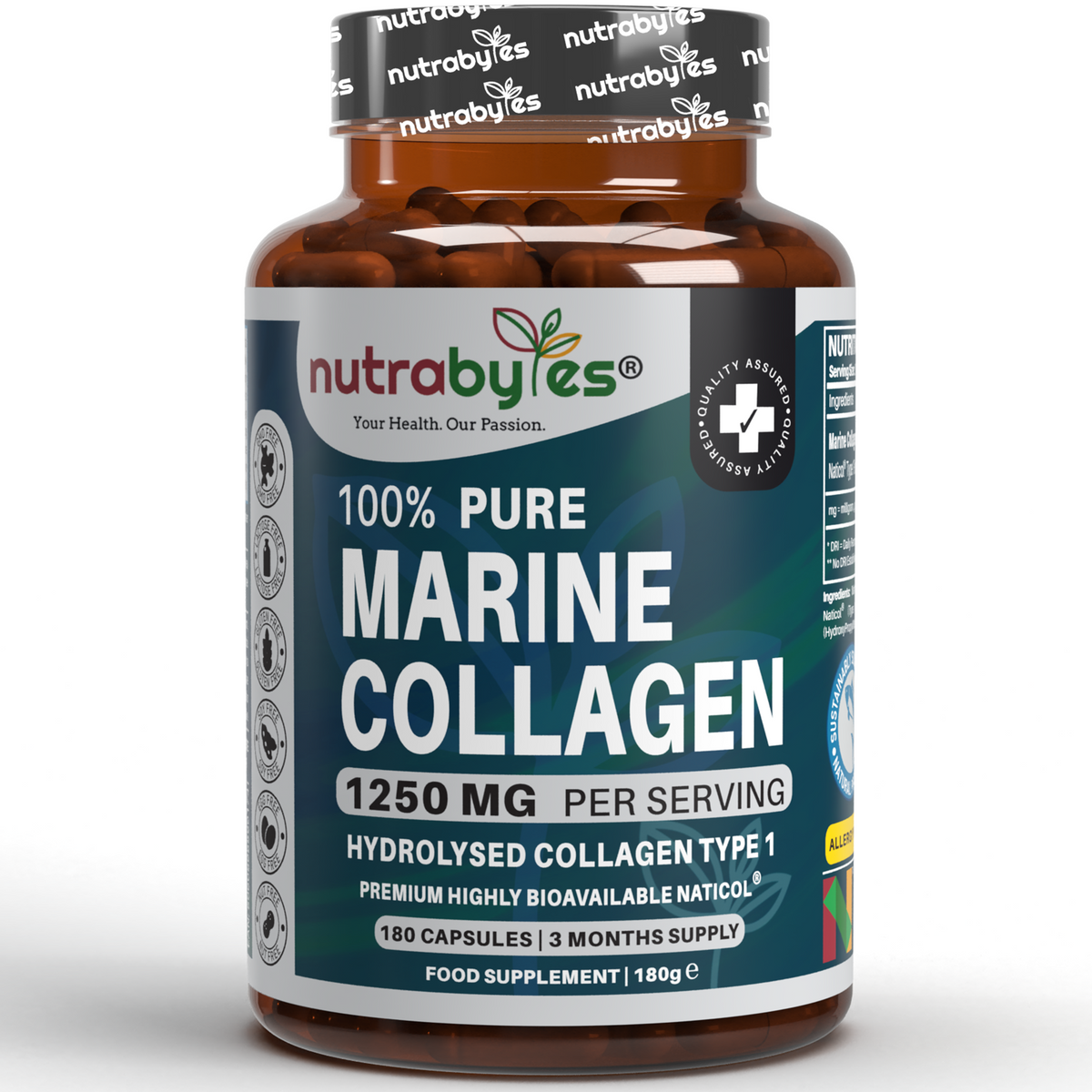 A bottle of 100% Pure Marine Collagen 1250Mg supllements.