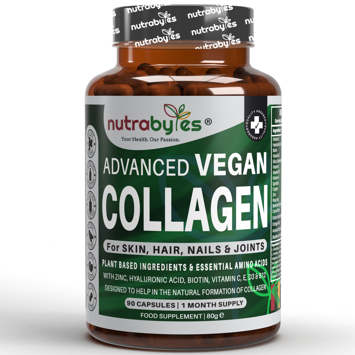 A plastic container contains advanced vegan collagen tablets.