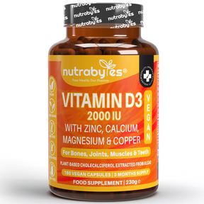 Vegan Vitamin D3 2000 IU with Calcium, Magnesium, Zinc & Copper | 180 capsules, 3 months supply | Made in the UK