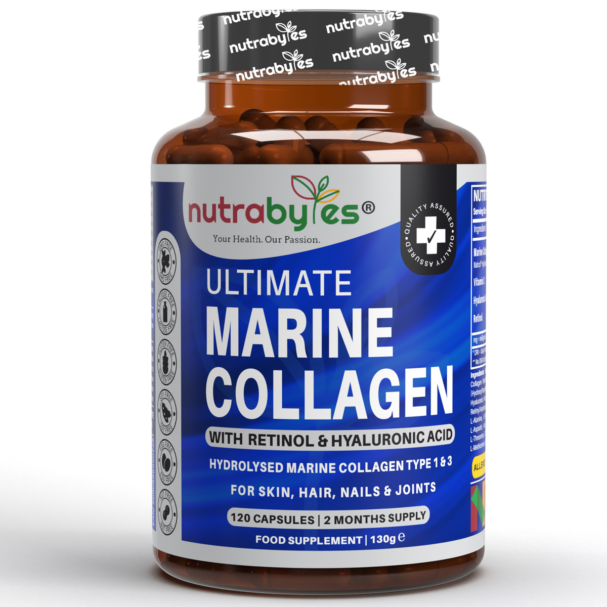 This image shows a bottle of ultimate marine collagene supplements with retinol and hyaluronic acid.