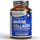This image shows a bottle of ultimate marine collagene supplements with retinol and hyaluronic acid.