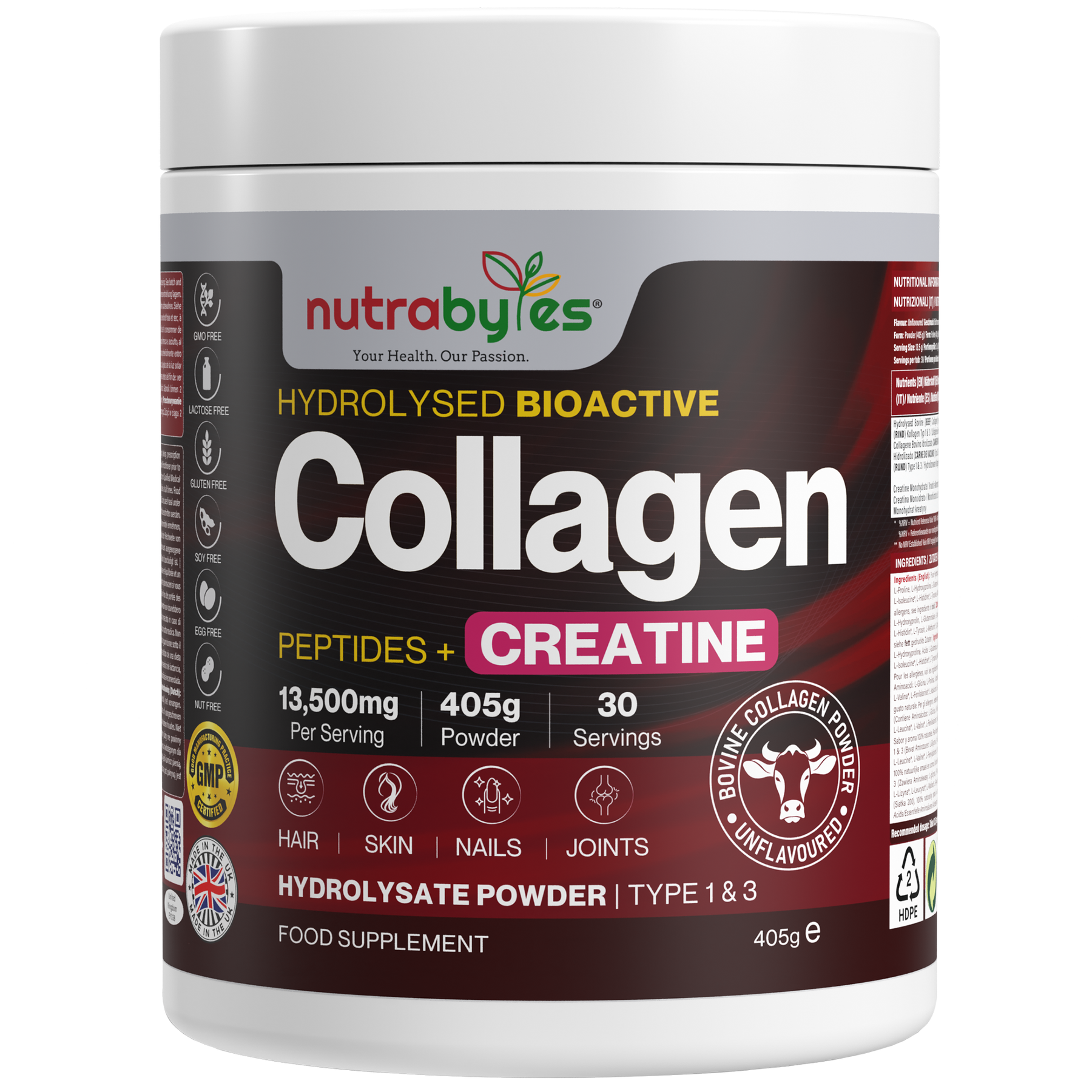 Collagen Powder with Creatine Monohydrate | Hydrolysed Bovine Collagen | High-Protein Supplement for Use in Smoothies, Shakes & Recipes | Hair, Skin & Joints | Unflavoured | 405g