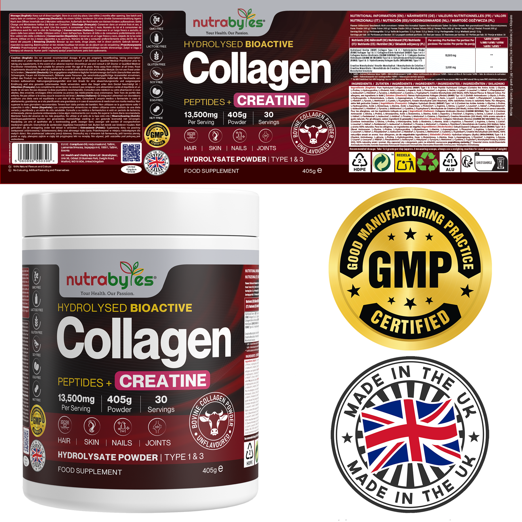 Collagen Powder with Creatine Monohydrate | Hydrolysed Bovine Collagen | High-Protein Supplement for Use in Smoothies, Shakes & Recipes | Hair, Skin & Joints | Unflavoured | 405g
