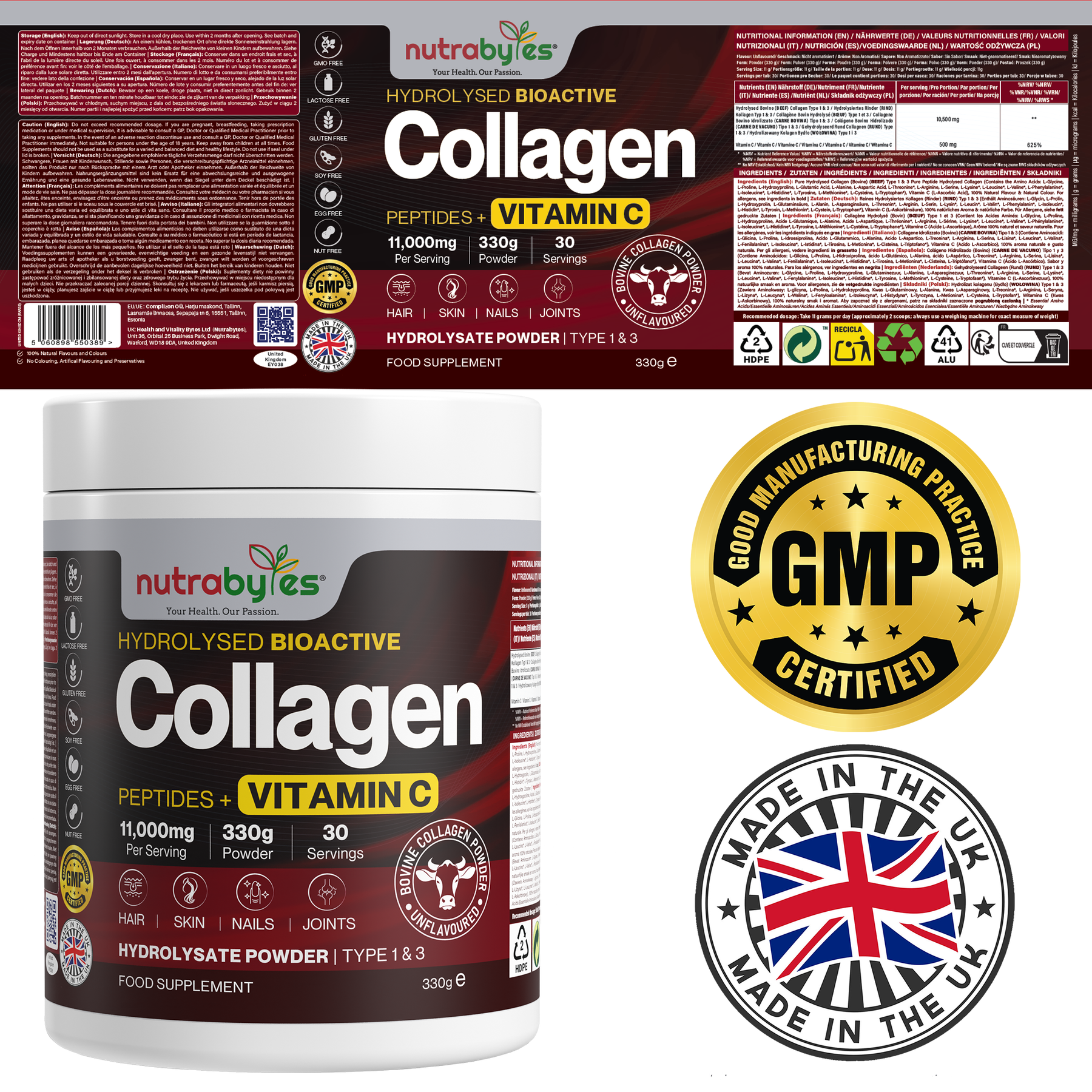 Collagen Powder with Vitamin C | Hydrolysed Bovine Collagen Peptides | High-Protein Supplement | Hair, Skin & Joints | Men & Women | Unflavoured | 330g
