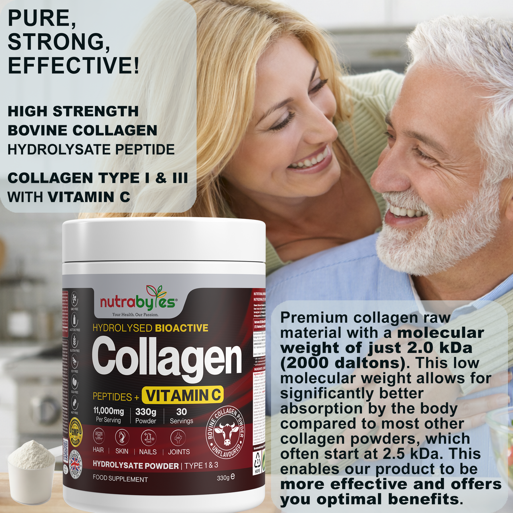 Collagen Powder with Vitamin C | Hydrolysed Bovine Collagen Peptides | High-Protein Supplement | Hair, Skin & Joints | Men & Women | Unflavoured | 330g