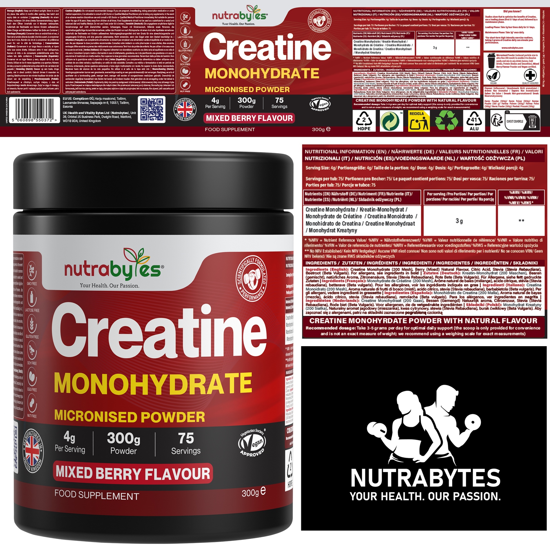Creatine Monohydrate Powder 300g (75 Servings) – Pure Micronised Creatine Powder Supplement for Men & Women, Pre & Post Workout Strength, Muscle Growth & Recovery, Vegan – Mixed Berry Flavour