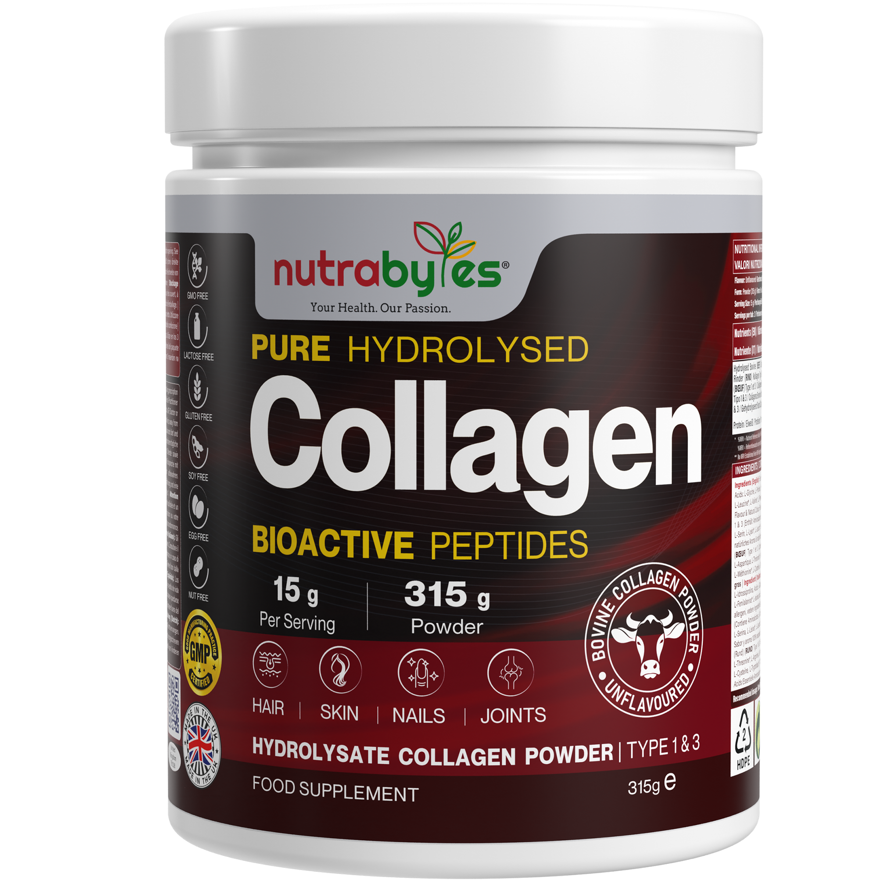 Collagen Powder 315g, Gold Standard Grass-Fed Bovine Hydrolysed Peptides - High Levels of 9 Essential Amino Acids, Collagen Supplments, Halal & Kosher, Made in UK