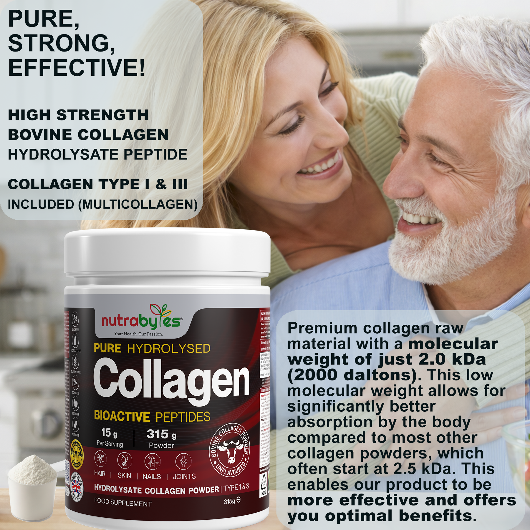 Collagen Powder 315g, Gold Standard Grass-Fed Bovine Hydrolysed Peptides - High Levels of 9 Essential Amino Acids, Collagen Supplments, Halal & Kosher, Made in UK