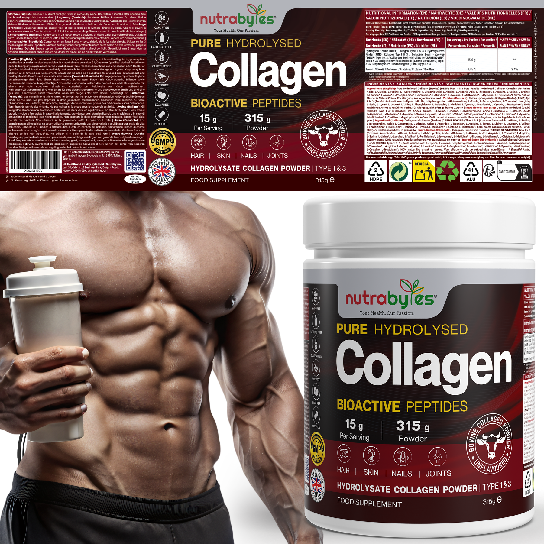 Collagen Powder 315g, Gold Standard Grass-Fed Bovine Hydrolysed Peptides - High Levels of 9 Essential Amino Acids, Collagen Supplments, Halal & Kosher, Made in UK