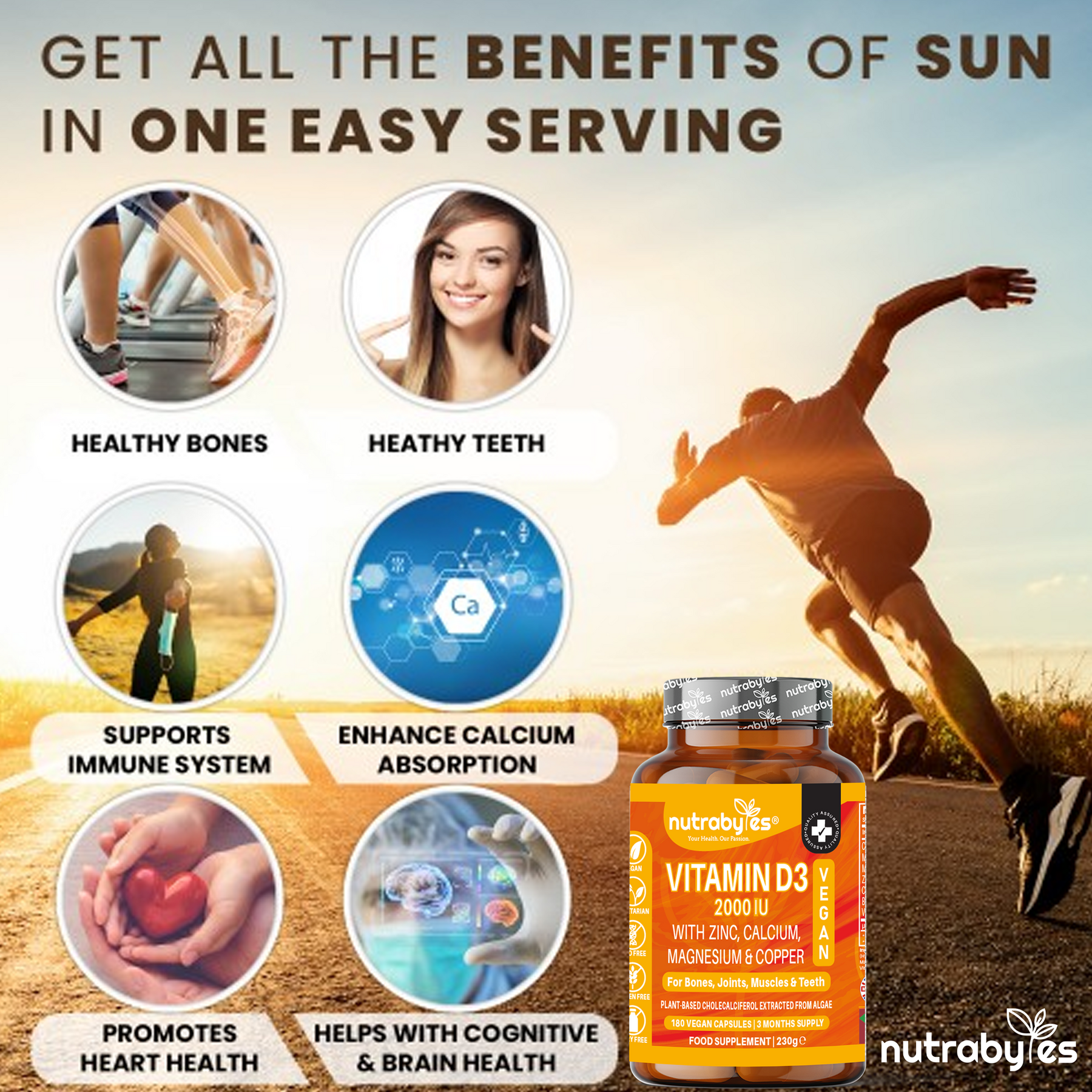 Vegan Vitamin D3 2000 IU with Calcium, Magnesium, Zinc & Copper | 180 capsules, 3 months supply | Made in the UK