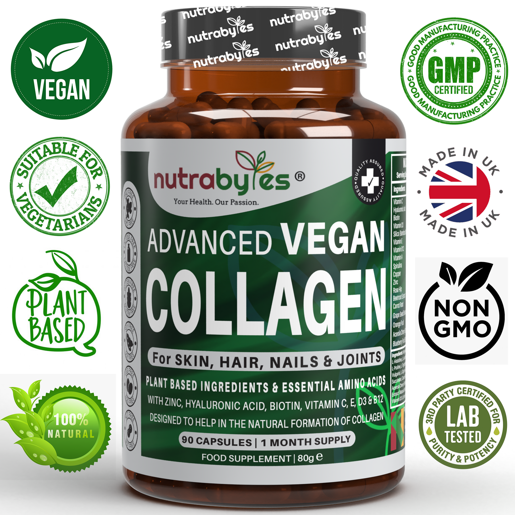 Advanced Vegan Collagen | Powerful Plant Based Ingredients Including Essential Amino Acids | 90 Capsules | 1 Month Supply | Hair, Skin, Nails and Joints | Men & Women | Made in UK