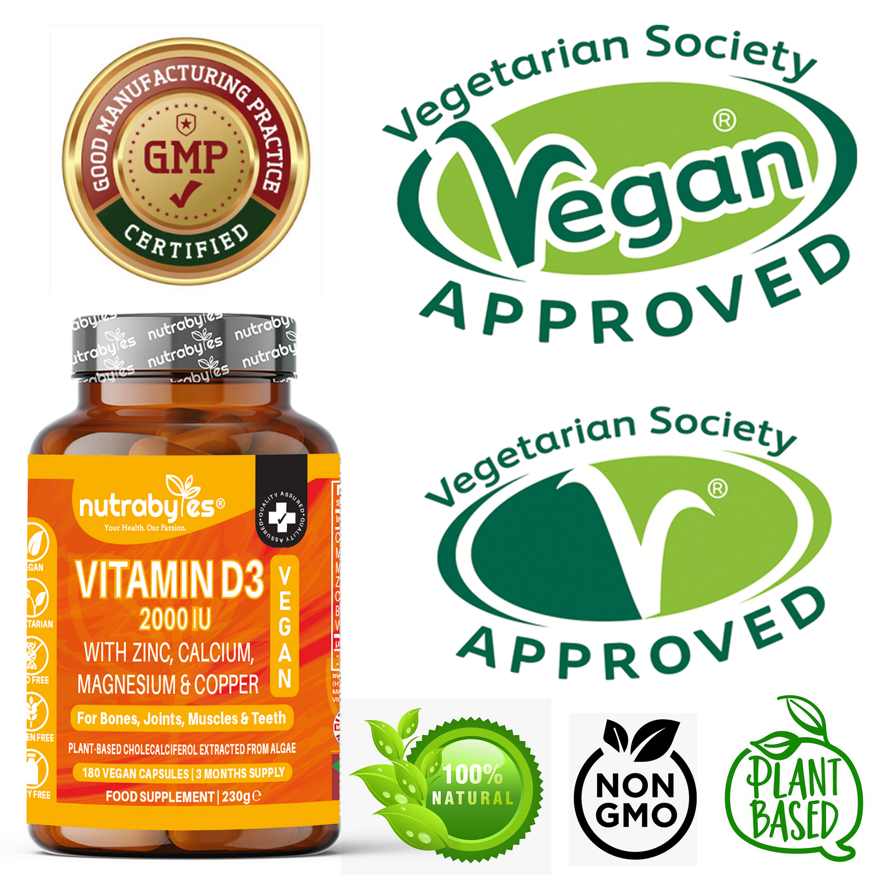Vegan Vitamin D3 2000 IU with Calcium, Magnesium, Zinc & Copper | 180 capsules, 3 months supply | Made in the UK