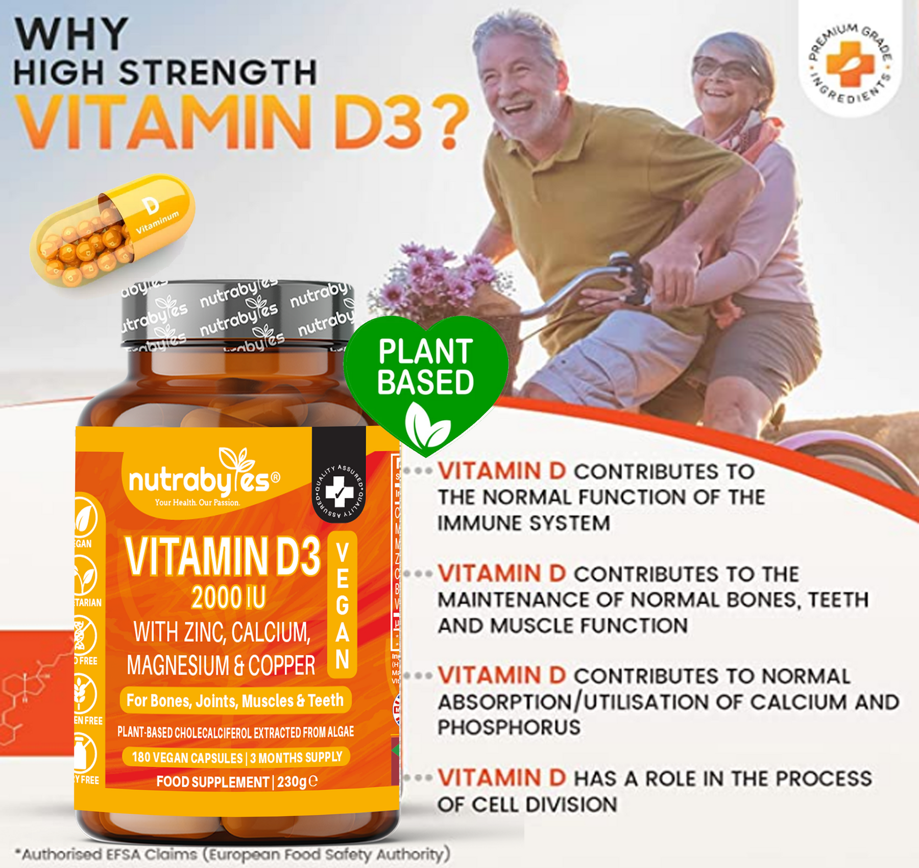 Vegan Vitamin D3 2000 IU with Calcium, Magnesium, Zinc & Copper | 180 capsules, 3 months supply | Made in the UK