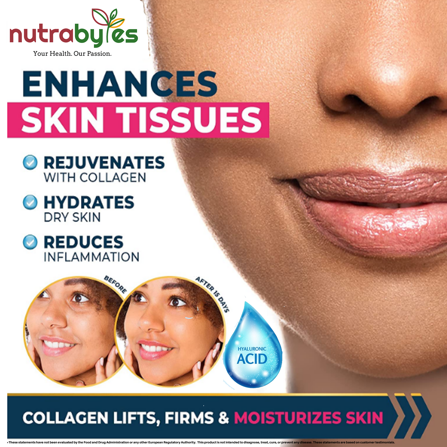 this image shows the benefits on skin after using ultimate marine collagen supplements.
