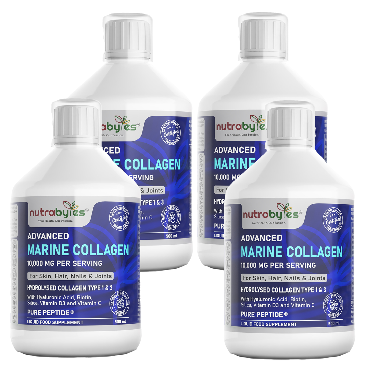 Liquid Marine Collagen 10,000mg with Hyaluronic Acid, Biotin, Silica, Vitamin C and D3, Sugar Free (Collagen Types 1 and 3) (4 Pack)